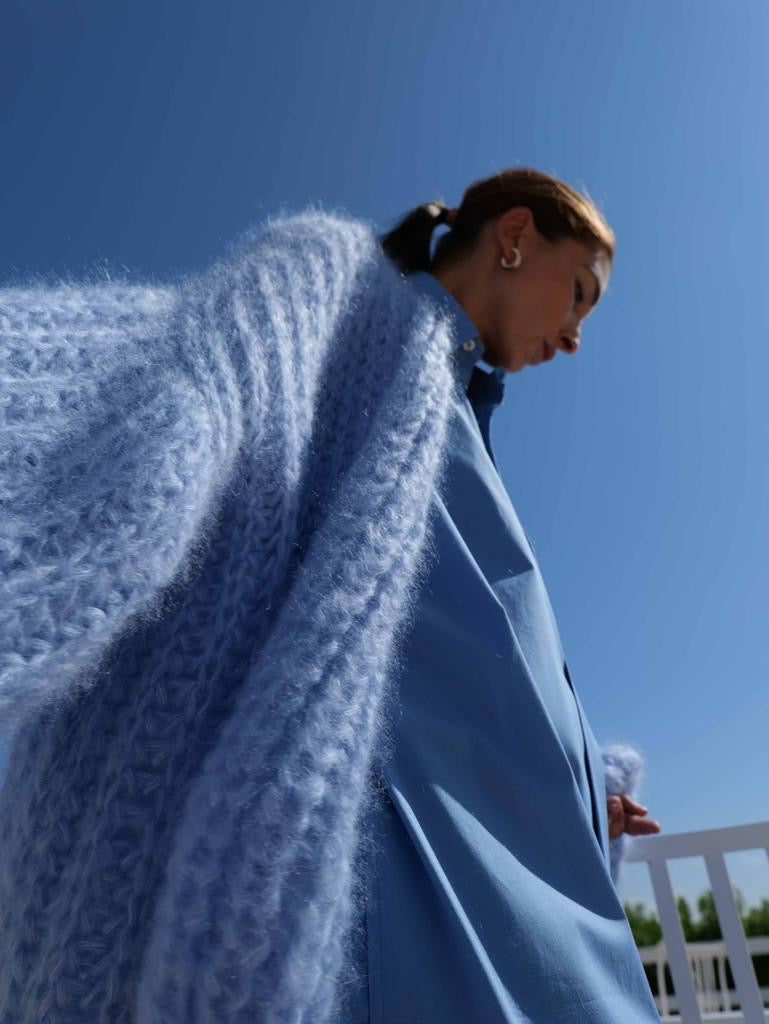 Cardigan Mohair-Silk, Baby Blue, Very Chunky, Hand Knit